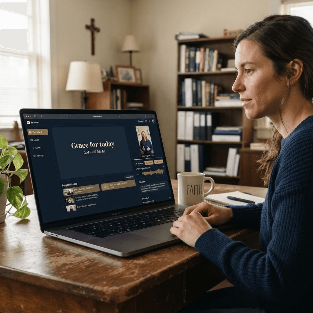 Editor creating sermon clips on a laptop with suggested clip thumbnails