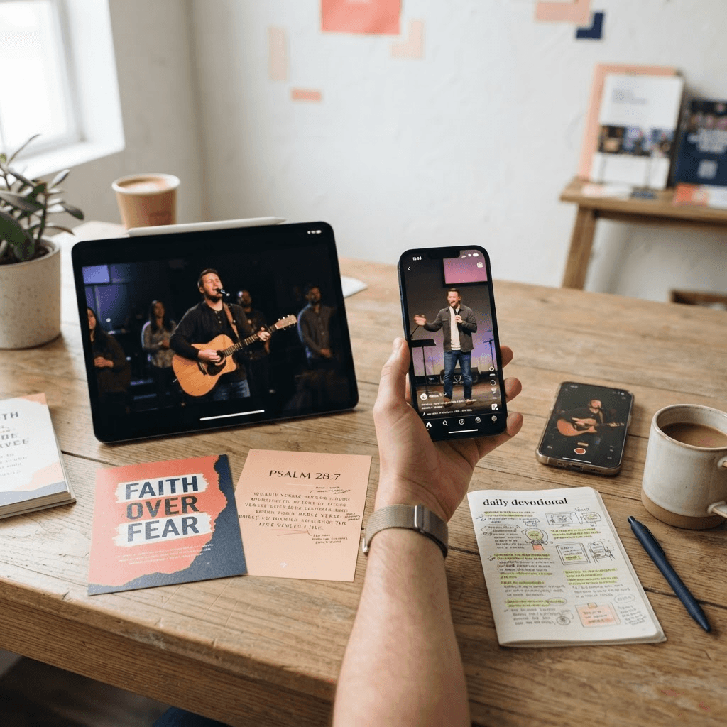Desk with phone, tablet, and devotional materials showing sermon clips