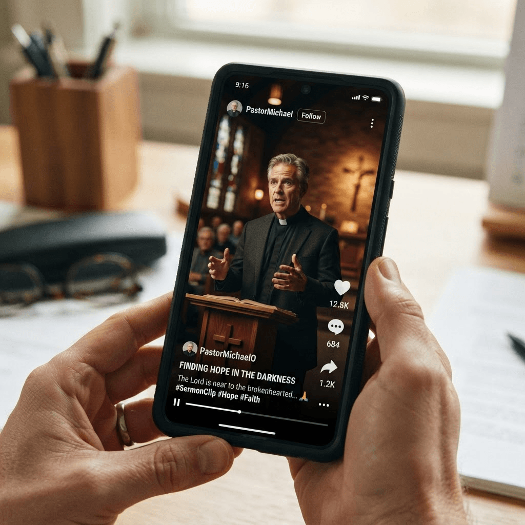 Phone showing a viral sermon clip with high engagement metrics